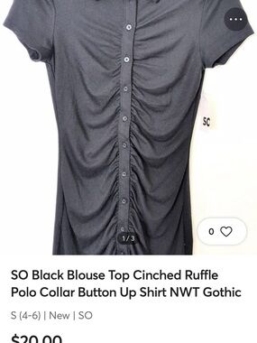 SO Black Cinched Ruffle Button-Down Polo Top